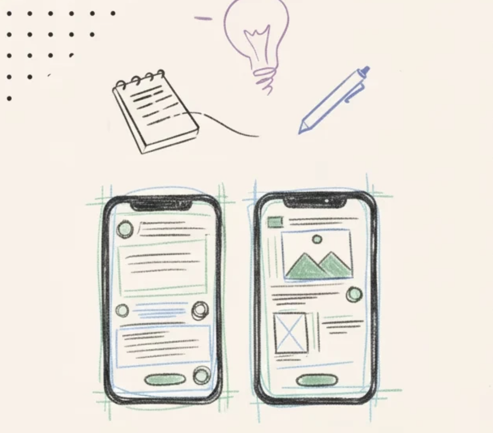Hand-drawn sketches of two phone screens with notes