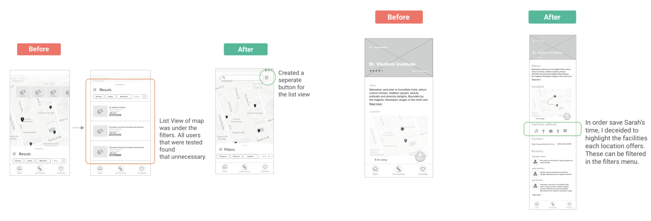 Before and after comparisons from usability testing, with annotations