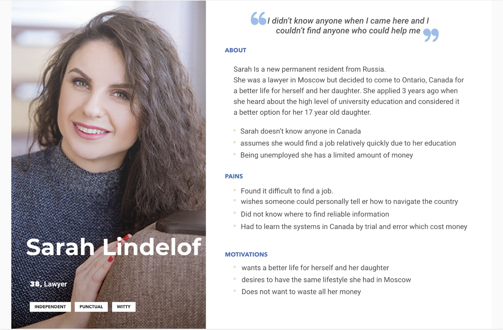 Persona: Sarah Lindelof, 38, lawyer from Russia — about, pains and motivations