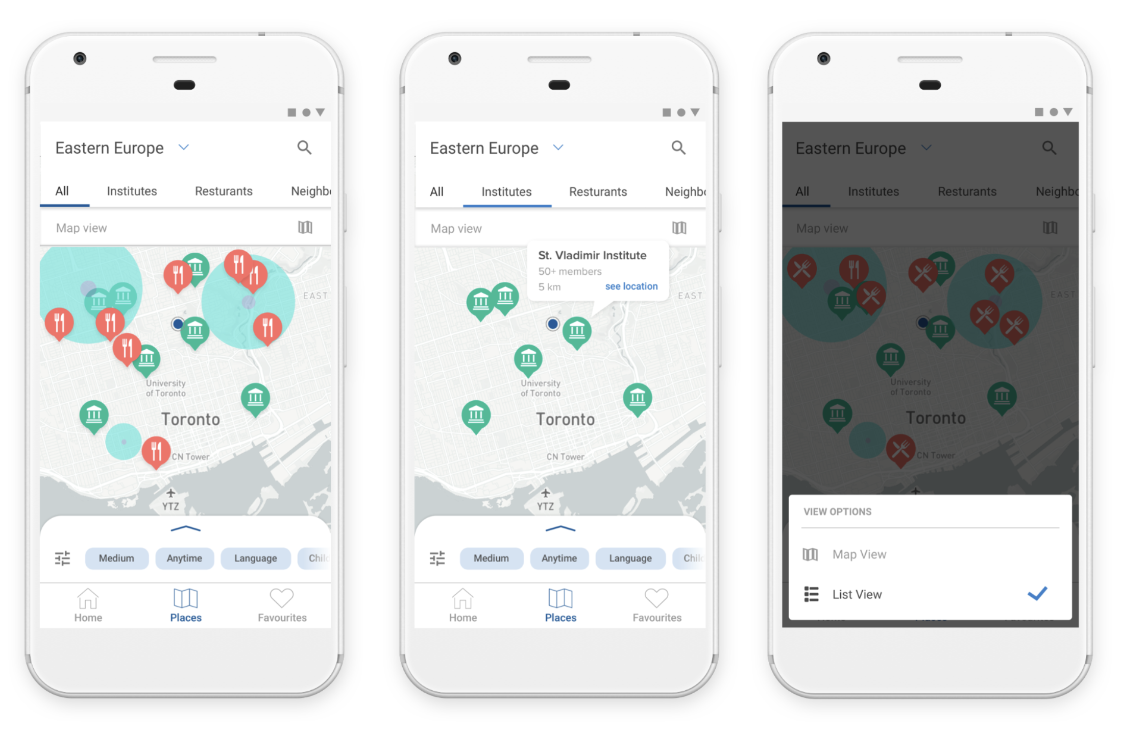 Map view screens with institution pins, tooltips and view options