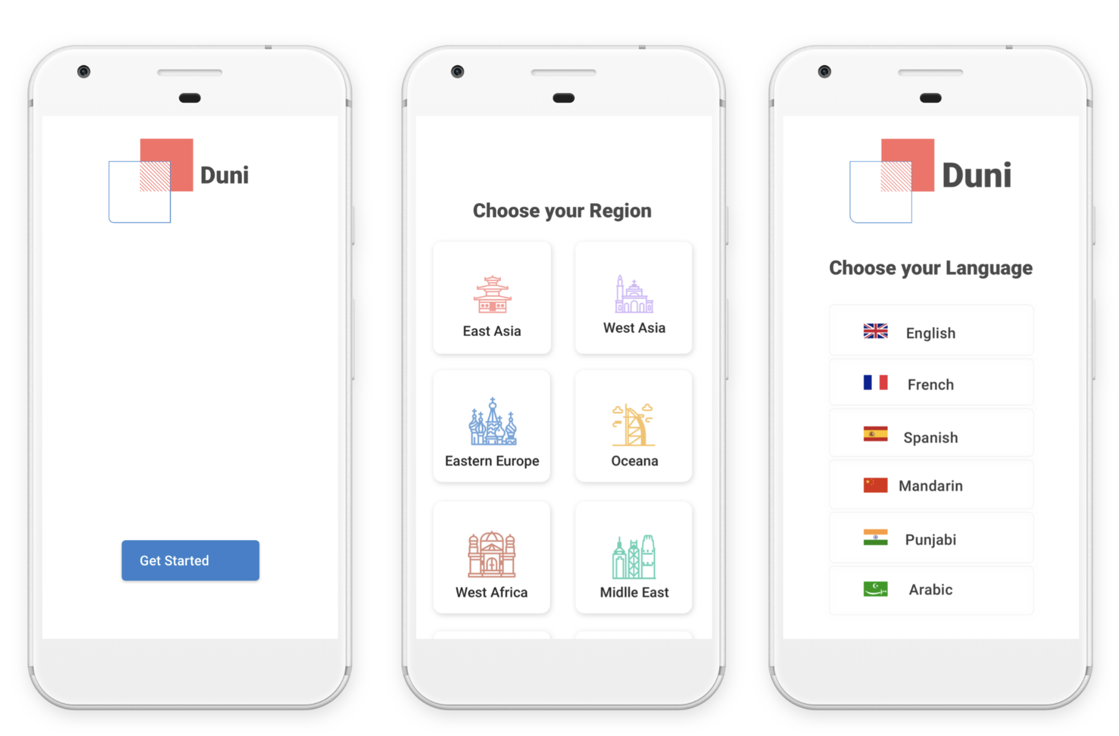 Onboarding screens: get started, choose your region, choose your language