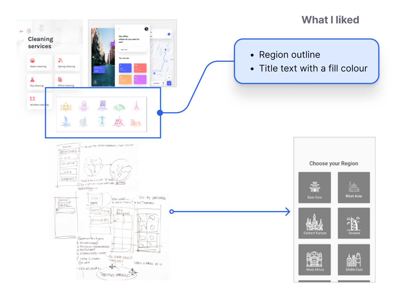 Region selection: inspiration screens, sketches and resulting wireframe with notes on what I liked