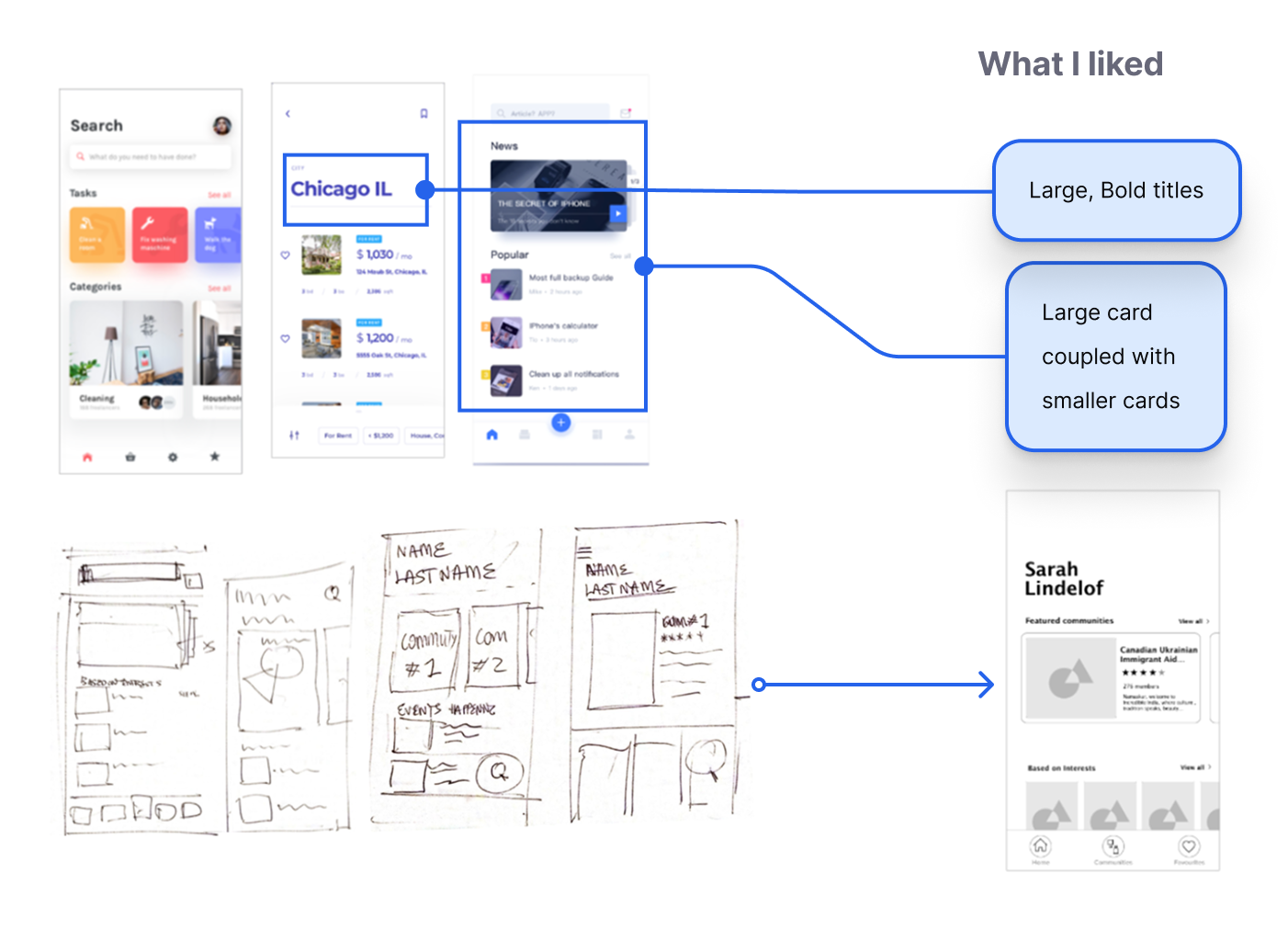 Home page: inspiration screens, sketches and resulting wireframe with notes on what I liked