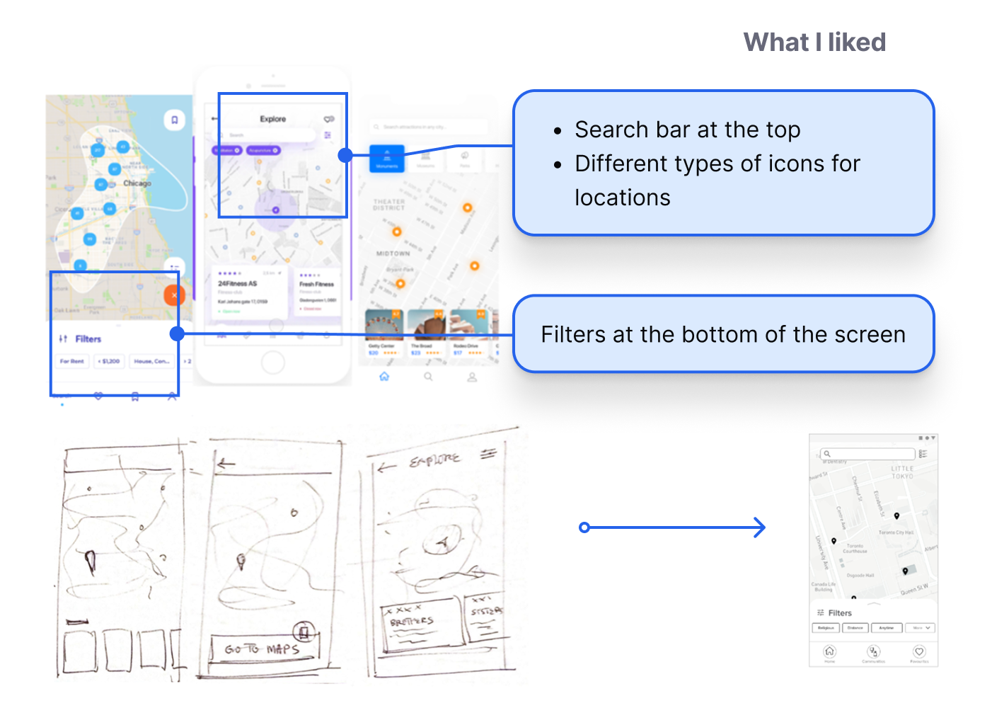 Map view: inspiration screens, sketches and resulting wireframe with notes on what I liked